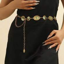 Bohemian Style Vintage Metal Chain Belt With Turquoise & Carved Flower Design, Acrylic Waist Chain, Sexy Fabric Waist Chain, Suitable For All Seasons - Gold - View 10