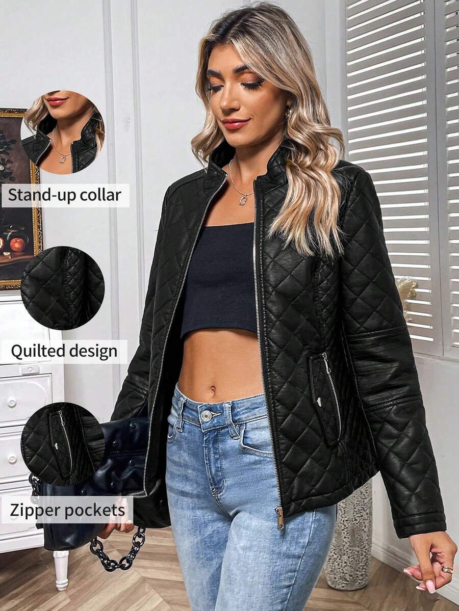 Giolshon Women's Autumn/Winter Faux Leather Jacket, Casual Short PU Motorcycle Jacket - 黑色 - 查看 1