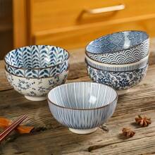 4pcs/6pcs Japanese Underglaze Ceramic Rice Bowls, 4.5-Inch Soup Bowls, Chinoiserie Ceramic Bowls, Salad Bowls,School Supplies