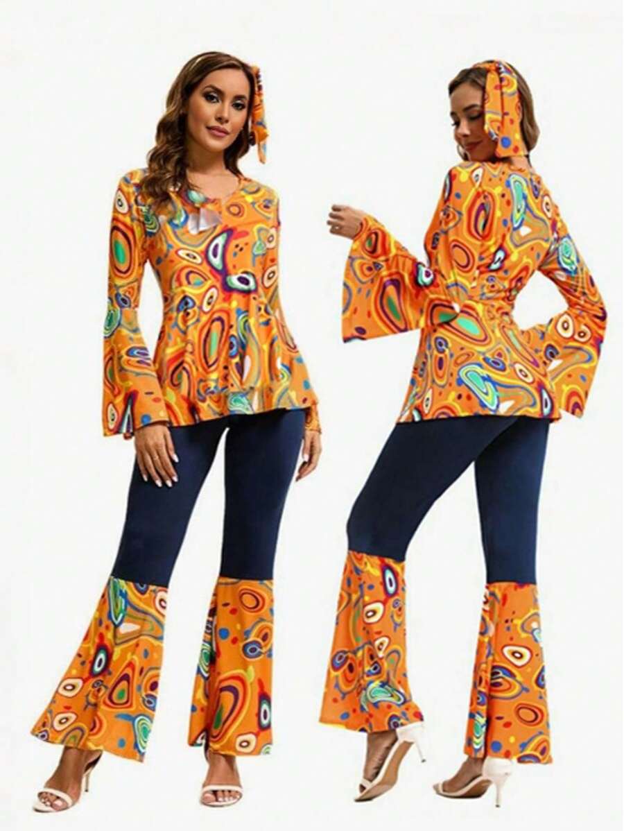 70er Jahre Disco Outfit für Frauen, Hippie Outfits Disco Kostüme für Frauen beinhalten Langarmshirt, Hosenüberzug, Stirnband (Orange) für Halloween, Partykleid