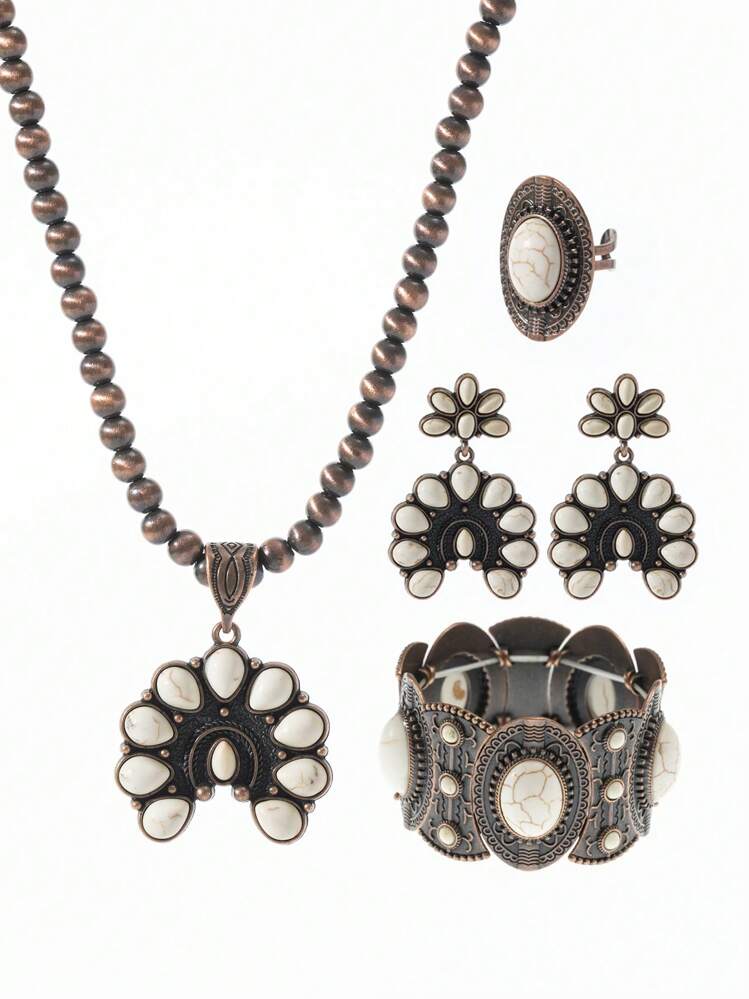 4 Pcs/Set Women's Vintage Bohemian Turquoise & Bronze-Color Necklace, Earrings, Ring, Bracelet Set, Suitable For Outfits, Daily & Holiday Wear - Ancient Copper White Turquoise - View 2