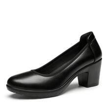 Wide Fit Women's Chunky Low Block Heels Work Pumps Comfortable Casual Round Closed Toe Dress Wedding Shoes - Black - View 6