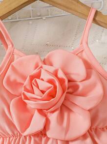 1pc Baby Girls' Cute 3D Floral Strap Romper - Pink - View 4