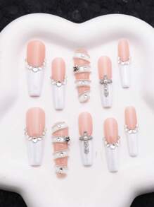 10 pezzi Unghie finte set di unghie a forma di feretro bianche, extra lunghe, con finitura lucida, realizzate a mano, con cristalli gioiello, design a croce bianco glitter cromo brillante, copertura totale, unghie finte per gel per ragazze e donne