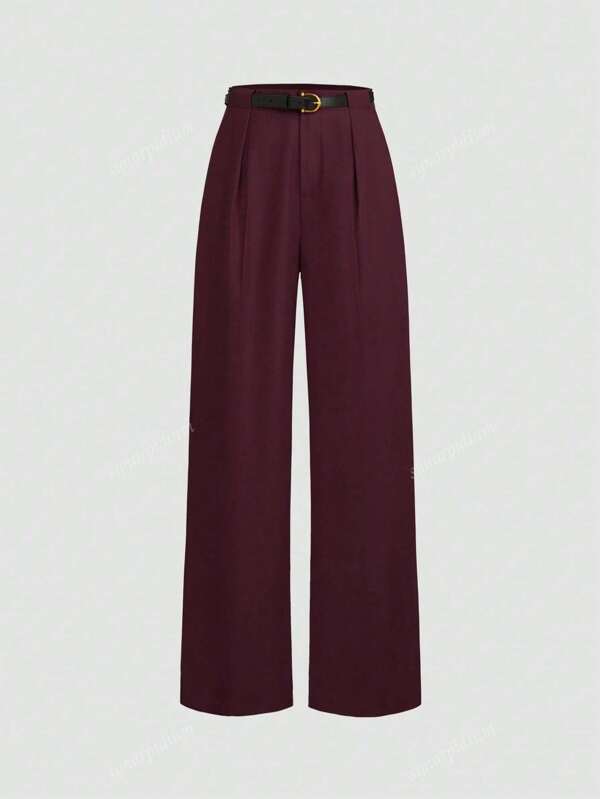 Pantaloni casual cu talie medie, culoare uni, cu picior drept, cu curea