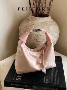 1pc Chinese Style Embroidery Pattern Nylon Tote Bag, Suitable For Shopping, Dating, Women's Gift, Office Lady, Perfectly For Office, College, Work, Commuting , Pink - Pink - View 5