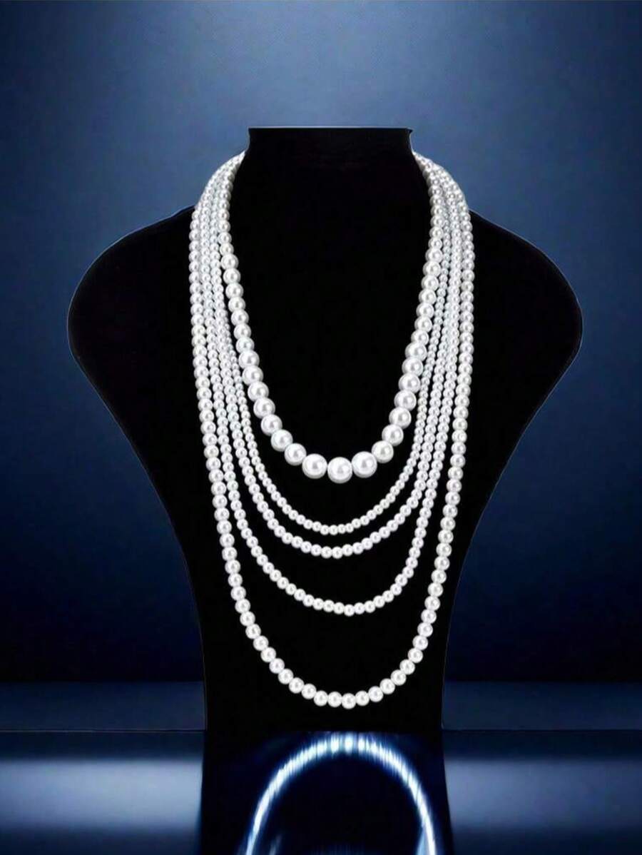 1pc Elegant Multi-Layer Necklace, Versatile Long Sweater Chain - Imitation Pearl Multi-layer Necklace - View 1