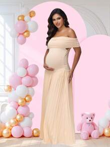 JustVH Maternity Off-Shoulder Party Dress Pleated Hem Women Baby Shower Maxi Gown