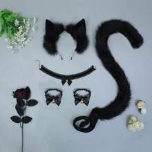 Faux Animal Ear, Tail, Lace Hand Bracelet & Necklace Bell Fluffy Cosplay Props Headband Set