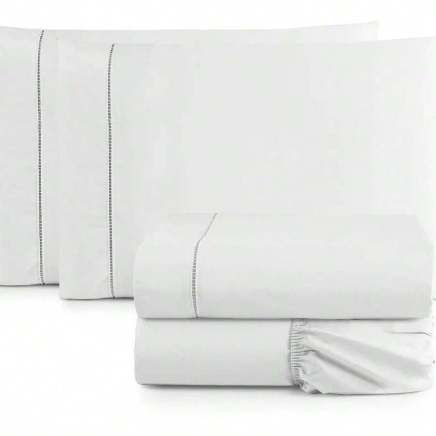 4-Piece King Size Sheet Set, Double Queen Size Percale, 200 Thread Count, 100% Plain Cotton, With Elastic, Soft Touch - 白色的 - 查看 1
