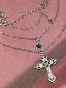 3pcs/Set Retro Gothic Style Star, Meteor, Cross Pendant Necklace Set For Women, Punk Style