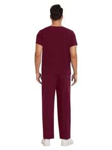 Uniformes quirúrgicos para hombres, conjuntos de ropa de enfermería (Parte superior + Pantalones), uniformes de enfermería, ropa de trabajo para salón de belleza, uniformes hospitalarios - Burdeos - Ver 6