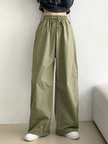 女款高腰抽绳直筒休闲裤，复古宽松阔腿裤 - 橄欖綠 - 查看 1