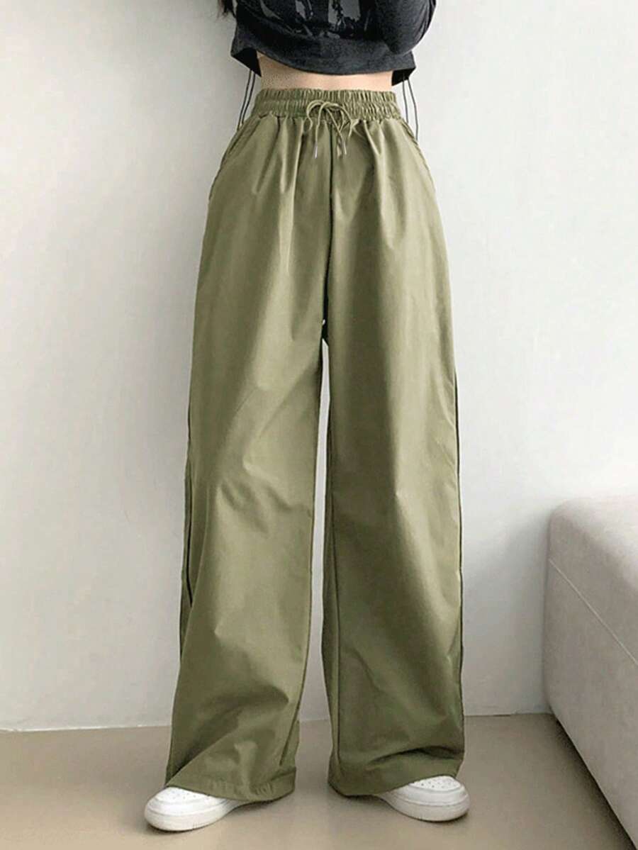 女款高腰抽绳直筒休闲裤，复古宽松阔腿裤 - 橄欖綠 - 查看 1