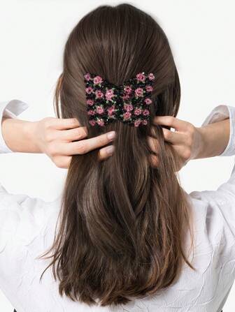 1 Pc Flower Beads & Faux Crystal Dual-Row Elastic Hair Comb, Magic Bun Hairstyle Accessory Decor Combs For Hair Side Comb, School Stuff, Wedding, Hair Accessories