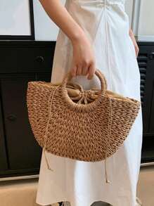 Bolso de playa de media luna de paja y ratán tejido a mano, de gran capacidad, para mujer, de estilo hueco y cruzado, bolso de hombro de verano de paja de media luna, hecho a mano, portátil, de gran capacidad, bolsa de playa, cesta tejida, bolso de asa superior, monedero y bolsas de tela