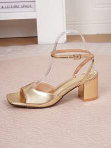 Sandal cao gót đế dày cổ chữ V cho nữ, kiểu dáng thời trang đơn giản, đa năng, mũi vuông, màu vàng kim, thích hợp cho tiệc tùng, đi làm, thoải mái, phối cùng trang phục mùa xuân hè. - Vàng - Xem 7