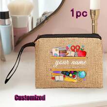 Regalo personalizado para maestros con impresión de nombre personalizado | Conjunto de bolsa de compras reutilizable de lino caqui y yute, y billetera | Detalles en metal negro para la Semana de la Enfermera/Día de la Madre/Apreciación a Maestros | Bolso multiuso para la playa y organizador de viaje