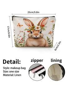 1pc Easter Rabbit Wreath, Butterfly & Letter Linen Print Cosmetic Bag, Cute Travel Makeup Pouch And Multifunctional Coin Purse, Lightweight Gift For Women