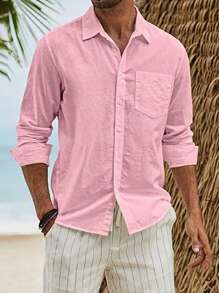 hoteel Men's Cotton And Linen Shirt Fashion Summer Casual Button Down Shirt Long Sleeve Solid Color Holiday Beach Shirts - 淺粉色 - 查看 2