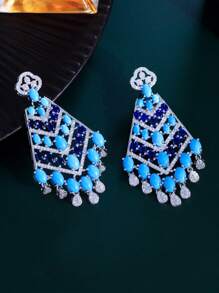 一对镶嵌粗款蓝色立方氧化锆和绿松石的吊坠耳环，镀银长款波西米亚风格首饰，适合女性婚礼派对装扮配饰，可作为新娘伴娘、女友、妻子或母亲的礼物。 - 藍色 - 查看 7