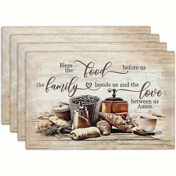 4pcs Linen Placemats, Linen Machine Washable, Religious Bless The Food Before Us Design, 12x18 Inch, For Kitchen Dining Table Decor