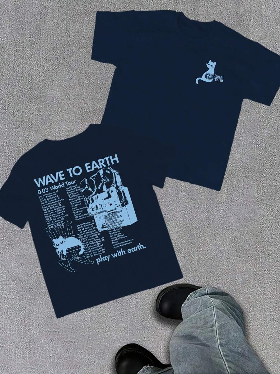 WAVE TO EARTH玩转地球字母小猫印花男士T恤，简约文艺原宿风，乐队音乐小猫T恤，时尚休闲宽松男士夏季必备双面印花T恤 - 藏蓝色 - 查看 1