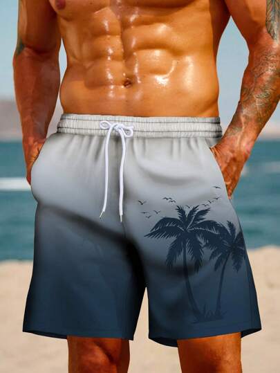 Men's Plus Size Casual Outdoor Sports Coconut Tree Art Pattern 3D Digital Print Everyday Casual Vacation Home Drawstring Waist Lightweight Shorts Beach Pants