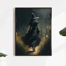 1 Pc Canvas Painting, A Beautiful And Elegant Halloween Witch's Back View, A Modern Retro Printed Poster With A Horror Theme Decoration Style, An Ink Painting Style Work Of Wooden Frame Canvas, A Portrait Witch Room Decoration, Suitable For Living Rooms, Bedrooms, Home Offices, And Indoor Witch Decoration, Wooden Framed Art,High Quality ,Thickness 2. 25cm/1inch Wall Art Prints Poster Direct Hanging Decor For Home Gifts,Living Room, Bathroom, Bedroom, Kitchen,Bar,Office - 黑色 - 查看 5