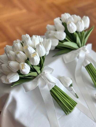 1/5/10/20/30/40 Pcs Exquisite Real Touch White Artificial Tulip Bouquets - For Bedroom, Living Room, Wedding, Party, Valentine's Day, Father's Day,Graduation And Mother's Day Gifts, Easter Decorations & Gifts For Girlfriends.Fall Decor Bedroom,Fall Room Decor,Fall Home Decor.