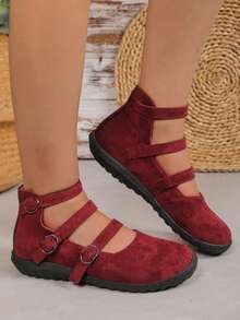 Fashion One-Buckle Women's Flat Casual Shoes, Suitable For Indoor And Outdoor Sports, Dancing - Red - View 5