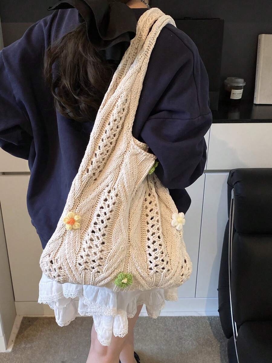 Bolso de mano de punto elegante - Bolso de hombro de ganchillo floral de gran capacidad para uso versátil y de commuting, vacaciones casuales, playa, bolso de hombro, bolso de tote