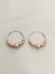 1 Pair Bohemian Style Metallic Color Beaded Hoop Earrings, Suitable For Women's Daily, Party And Travel Jewelry Gifts