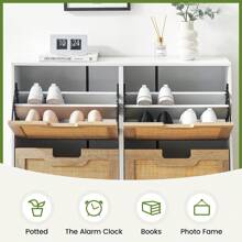 Natural Rattan 4 Flip Door Shoe Cabinet Organizer Freestanding,Modern Shoe Rack Storage Organizer With 3-Tier Adjustable Shelves - White - View 6