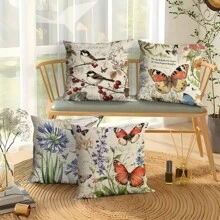 4 piezas de fundas de cojín a prueba de agua con rayas y diseño de mariposas y pájaros con flores primaverales, de diseño moderno para el hogar, jardín, playa, bancos de parque (no incluye rellenos)