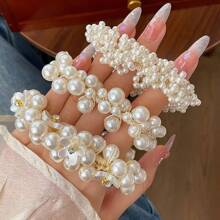 1pc/3pcs Korean White Faux Pearl Flower Hair Scrunchies, Elegant Elastic Ponytail Holders, Suitable For Daily Use In Spring & Summer,Hair Accessories,Hair Elastics,Hair Ties,Hair Rope, Hair Bobbles