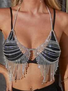 All White Rhinestone Sexy Fringe Women Bikini Body Chain Strap Inside - Silver - View 1