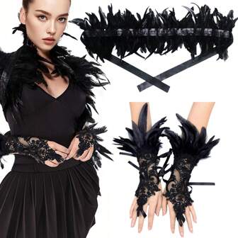 Artificial Feather Cape Shawl Shoulder Wings Choker Collar With 1 Pair Feather Lace Gloves, Fashion Feather Cape Shrug Shawl Poncho, Halloween Cosplay Costume Party For Women