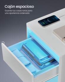VASAGLE Mesita de Noche con Estación de Carga, Mesa Auxiliar con Luces LED Ajustables, con Cajón, 2 Tomas AC, 2 Puertos USB, Moderno, para Dormitorio, Salón, Blanco Nube - Enchufe EU Tipo C(220-240V) - Ver 4
