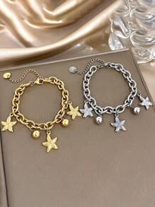 1 pièce Bracelet chaîne de perles en forme d'étoile de mer en acier inoxydable doré, bracelet empilable pour femme. Bijou de fête quotidienne pour anniversaire, Noël