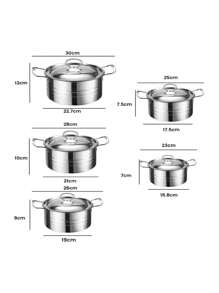 Batería de Cocina de Acero Inoxidable de 5 Piezas, Batería de Cocina de Acero Inoxidable de Doble Asa, Batería de Cocina con Tapa, Placa de Inducción - Plateado - Ver 2