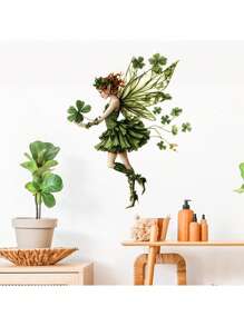 1pc Home Decorations Mid-Century Modern Fairy And Butterflies Wall Decals - PVC Self-Adhesive Fantasy Themed Cartoon Wall Stickers For Living Room Bedroom Decor - Single Use, Mid-Century Fantasy Wall Art Decorations, Vinyl Decal For Home Decorations, Wall Decoration Items Refresh Your Home - Dark Green - View 8