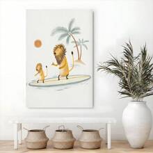 1 Pc Framed Lion Surfing Art Print, Surf Art Nursery, Beach Decor For Children Wall Decor For Bedroom Living Room, Ready To Hang