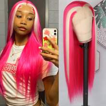 13X4 Pink & Brown Lace Front Wigs Pre Plucked Soft Free Part Long Straight Wigs Glueless Pink Skunk Stripe Wig Wear And Go Wig Heat Resistant Fiber Hair Synthetic Lace Front Wigs For Fashion Women For Daily Christmas Party Cosplay Use - 挑染金色 - 查看 2