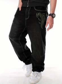 Embroidered Flared Loose High Street Casual Jeans - Black - View 2