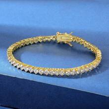 3 爪网球手链，18K 镀黄金 4 毫米圆形方晶锆石女式手链 - 金色 - 查看 1