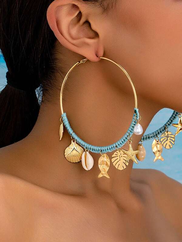 Pendientes grandes exagerados con decoración de colgante de vida marina estilo bohemio de vacaciones para mujeres