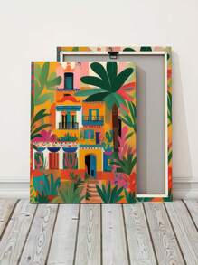 1pc Unframed, Vibrant Mexican Architectural Poster With Colorful Floral And Plant Landscape Canvas Printing, Mural For Home Decoration