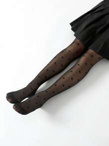 1pc Girls Kids White, Black, Heart Pattern Jacquard High Stretch Footless Tights, Mesh Leggings, Comfortable Pantyhose, School Style Dance Pants, Suitable For Back To School Season/Spring Summer