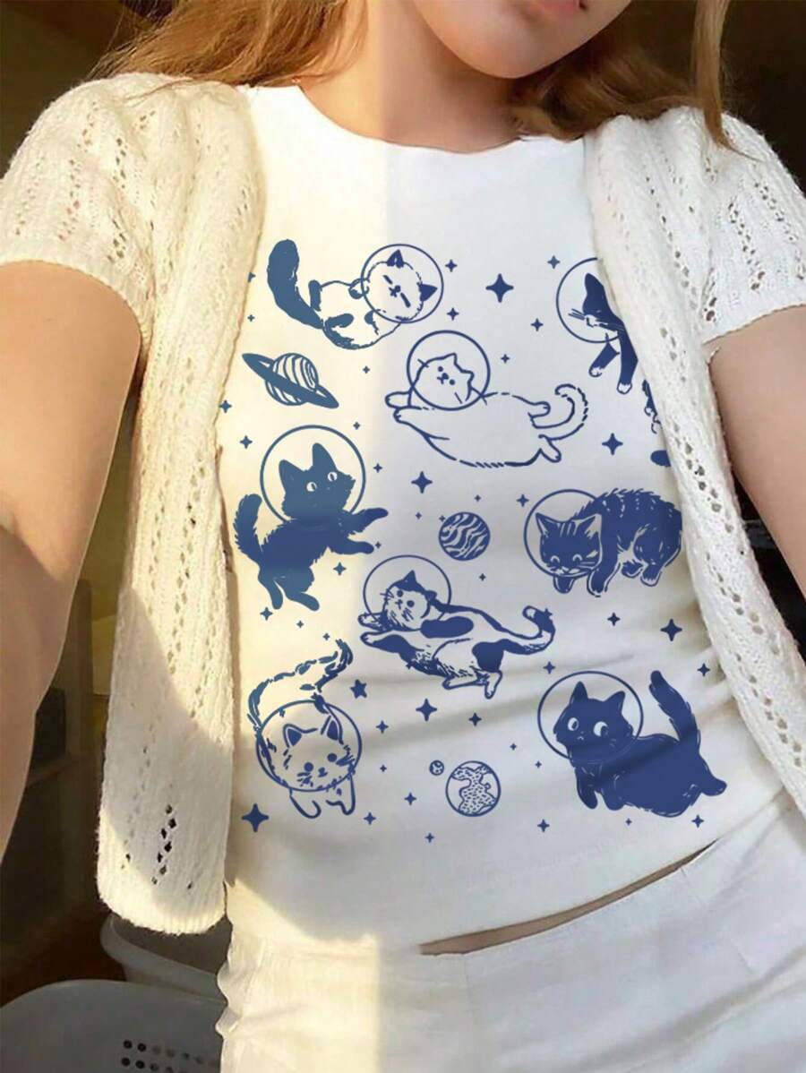卡通猫印花 Y2K 时尚 T 恤，适合夏季穿着，猫和小动物爱好者